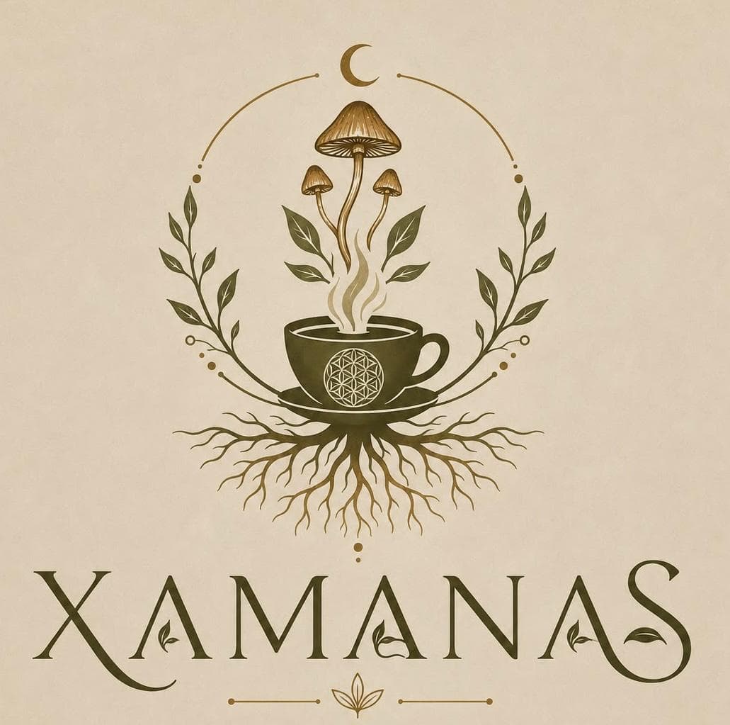 Símbolo do Xamanas: lua crescente, cogumelos e xícara com raízes, emoldurados por ramos
